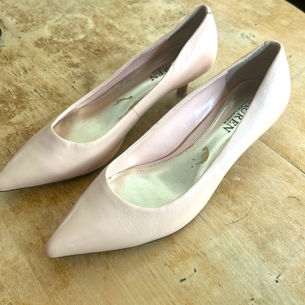 Ralph Lauren pale pink pump with wooden heel